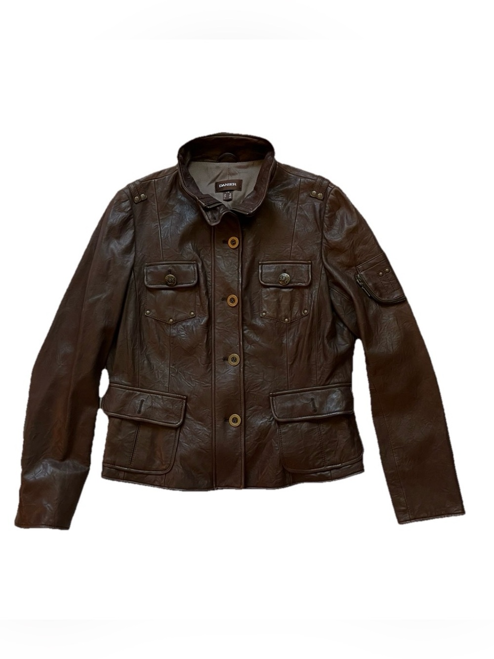 Danier Brown 100% Leather Military Punk Moto Jacket Buckle Detail Women’s L